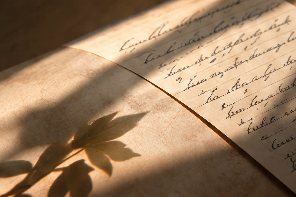 Une page manuscrite éclairée de biais, l'ombre d'une feuille posée dessus.